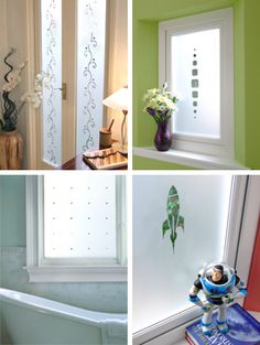 four pictures of different rooms with green walls and white trim, including a bathtub