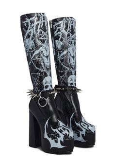 cuz you will feel my wrath. These boots have a vegan leather construction, Baphomet, skull, and spider graphics on the front and heels, O-ring hardware, spiked buckle detailing, platform soles, block heels, and side zipper closures. Goth Platform Heels, Shoes Decoration Ideas, Emo Heels, Dollskill Platforms, Dollskill Heels, Widow Clothing, Graphic Boots, Weird Heels, Baphomet Skull