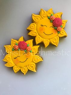 two decorated sun cookies sitting on top of a table