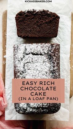 two brownies sitting on top of each other with the words easy rich chocolate cake in front