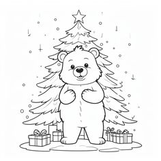 a teddy bear standing in front of a christmas tree