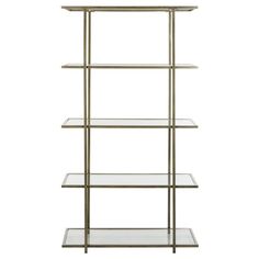 a metal shelf with glass shelves on each side and one shelf below it, against a white background