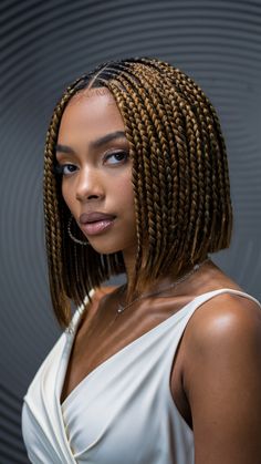 Bob-length knotless braids with chestnut highlights offer a chic and modern take on the traditional bob. The chestnut highlights add warmth and dimension to the braids, making this style perfect for those who prefer shorter lengths but still want a bit of color. This look is ideal for heart-shaped and oval faces, as the bob shape helps frame the face beautifully. Knotless Box Braids Bob, Knotless Bob Braids, Latest Braid Styles, Chestnut Highlights, Short Bob Braids, Knotless Braids Hairstyles, Bob Length, Half Cornrows, Braids Bob