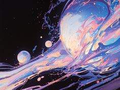 an abstract painting with blue, pink and white swirls in the air on a black background