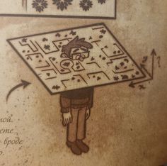 a drawing of a man holding a maze board