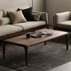 a living room with two couches and a coffee table in front of the window