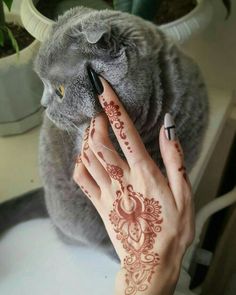 a woman with henna on her hand next to a gray cat and potted plant