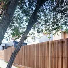 a wooden fence next to a tree on a sidewalk