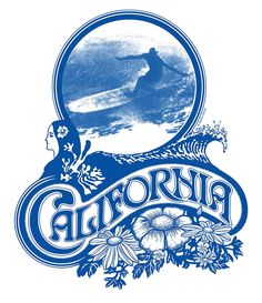 a blue and white image of a surfer riding a wave with the words california on it