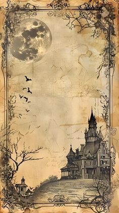 an old paper with a drawing of a house and bats in the sky above it