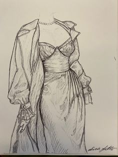 a drawing of a woman's dress with a jacket over her shoulders and an evening gown on the back