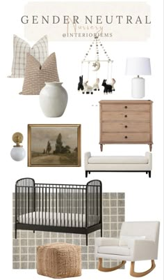 a baby's nursery with neutral colors and accessories