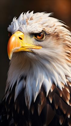 an eagle with white and brown feathers is looking at the camera