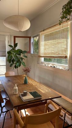 a dining room table with chairs and a potted plant on the table next to it