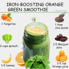 an orange and spinach smoothie in a mason jar with the ingredients to make it