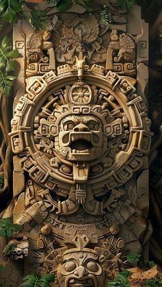 an intricate carving on the side of a stone wall with plants growing around it and trees in the background