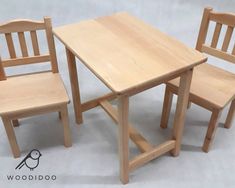 three wooden children's table and chairs on a white background with the words wooddiddo written below it