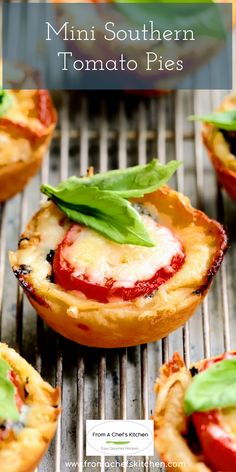 mini southern tomato pies with basil leaves on top and text overlay reading mini southern tomato pies