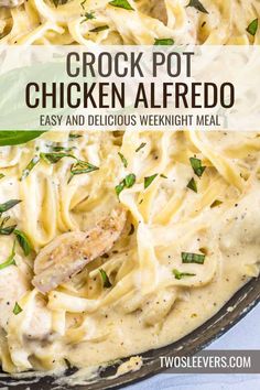 chicken alfredo in a skillet with text overlay