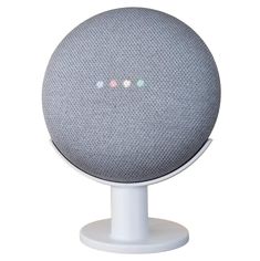 the google home mini speaker is on top of a white stand