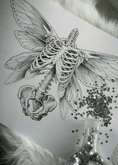 a black and white drawing of a skeleton holding a flower in it's hand