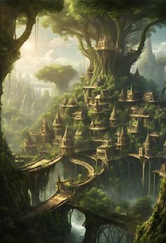 a fantasy city in the middle of a forest