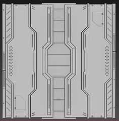 the back side of a computer case with shelves and doors on each side, all in grey