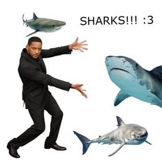 a man in a suit standing next to two sharks and one is holding his hands out