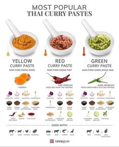 the most popular thai curry pastes and their ingredients are shown in this poster, which includes