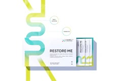 an ad for restore me on a white background with green and blue lines around it