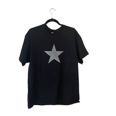 New Without Tags Silver Star On Black T-Shirt Black Star Logo Top For Streetwear, Black T-shirt With Star Logo For Streetwear, Silver Cotton Top For Streetwear, Silver Cotton Tops For Streetwear, Silver Graphic Tee With Crew Neck, Silver Graphic Tee With Short Sleeves, Silver Graphic Print Cotton Top, Silver Casual T-shirt For Streetwear, Silver Short Sleeve Graphic Tee