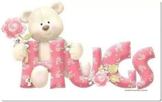 a teddy bear holding a pink flower and the word love spelled with it's letters