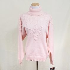 Vintage Chinawear By Morsy Turtleneck Sweater. Deadstock, Meaning New With Tags Vintage, Nwt. Pretty Light Baby Pink Acrylic Knit. Embroidered With Floral Design In The Same Color For An Embossed Look. Ribbed Trim. Long Sleeves. Size Large. New With Tags, Nwt. The Interior Brand Label's Stitching Has Come Loose On One Side. Fitted Floral Embroidery Tops For Winter, Fitted Winter Sweater With Floral Embroidery, Elegant Floral Embroidered Tops For Winter, Elegant Embroidered Winter Tops, Baby Pink Acrylic, Baby Pink Acrylics, Floral Turtleneck, Light Baby Pink, Cardigan Y2k