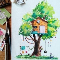 a drawing of a tree house with clothes hanging from it