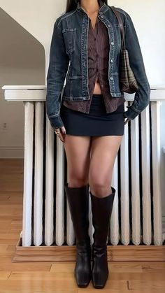 fall outfit of the day, knee high boots, black mini skirt, denim jacket, brown shirt Mini Black Skirt Fall Outfit, Denim Skirt Denim Jacket Outfit, Black Skirt Outfits Fall, Fitted Black Skirt Outfit, Mini Skirt High Boots Outfit, Brown Fall Boots Outfits, Mini Skirt And Knee High Boots, Black Babydoll Top Outfit, Rainy Day Outfit Boots