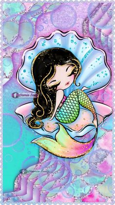 a painting of a mermaid sitting on top of a blue and pink background with bubbles