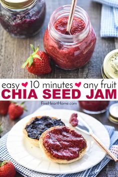 homemade chia seed jam in jars with strawberries on the side