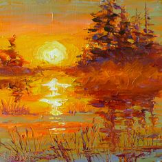 an oil painting of a sunset over a body of water with trees in the background