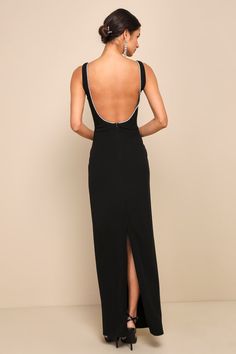 Black Maxi Dress - Rhinestone-Trimmed Dress - Backless Dress - Lulus Low Back Black Dress Classy, Formal Wedding Guest Dress Winter Black Tie, Backless Dresses Elegant, Hot Prom Dresses Classy, Formal Black Wedding Guest Dress, Black Evening Gown Elegant, Black And White Bridesmaid Dresses, Roommate Experiment, Ring Dance