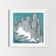 an art print with cactus trees and water in the foreground, against a blue background