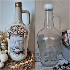 two pictures side by side one has a glass bottle and the other has an old fashioned decanter