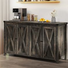 a buffet table with some food on top of it and shelves in the back ground