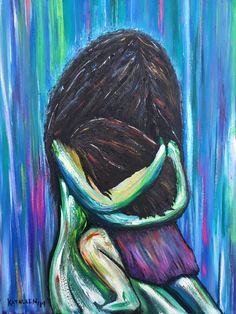 a painting of a person hugging each other on a blue, green and purple background