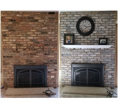 two pictures of a brick fireplace with a clock on the wall