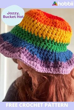 a woman wearing a multicolored crochet hat with the words jazzy bucket hat on it