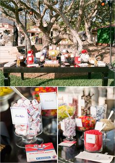 the dessert table is set up with candy, candies and cards for guests to eat