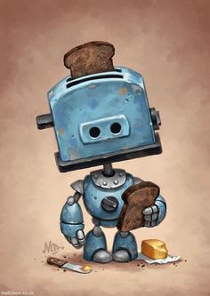 a blue robot with a piece of bread in his hand and some chocolate on the ground