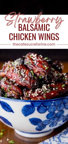 a blue and white bowl filled with balsamic chicken wings