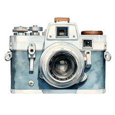 an old fashioned camera painted in blue and white