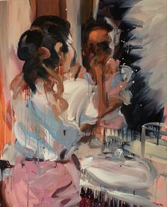 a painting of a woman brushing her teeth in front of a mirror with the reflection of herself